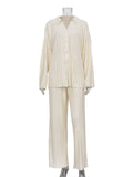 Momentlover Urban Loose Pleated Solid Lapel Collar Blouses Tops & Wide Leg Pants Two Pieces Set