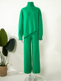 Momentlover Casual Solid Color Irregularity High-Neck Sweater& Wide Leg Pants Suits