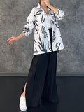 Momentlover Lapel Printed High-Low Buttoned Blouse+ Elasticity High Waisted Split-Side Pants Bottom Two Pieces Set