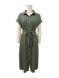Momentlover Solid Color Ribbed Short Sleeves Loose Lapel Midi Dresses