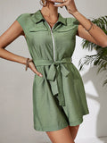 Momentlover Zipper Solid Color Short Sleeves Lapel Collar Rompers