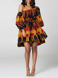 Momentlover Tied Waist Printed Elasticity Three-Quarter Sleeves Puff Sleeves One-Shoulder Mini Dresses