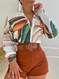Momentlover Deep V-Neck Long Sleeves Buttoned Print Shirts Top +Belted Shorts Bottom Two Pieces Set