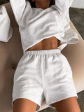 Momentlover Solid Color Long Sleeves Loose Elasticity Round-Neck Shirts Top + Shorts Bottom Two Pieces Set