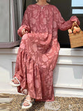 Momentlover Tied Waist Split-Joint Solid Color Pleated Flower Print Puff Sleeves Loose Round-Neck Maxi Dresses