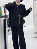 Momentlover Solid Color Wide Leg Loose Round-Neck Three Pieces Set