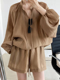 Momentlover Casual Loose Solid Color Puff Sleeves Blouse&Wide Leg Shorts Two Pieces Set