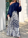 Momentlover Loose Puff Sleeves Solid Color Off-The-Shoulder Blouses& Printed Pants Two Pieces Set