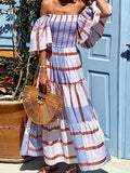Momentlover Pleated Falbala Elasticity Loose Off-The-Shoulder Maxi Dresses