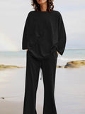 Momentlover Loose Solid Color Long Sleeves Round-neck Shirts Top + Drawstring Pants Bottom Two Pieces Set
