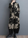 Momentlover Stand Collar Long Sleeves Asymmetric Buttoned Printed Sweatshirt Top + Harem Pants Pants Bottom Two Pieces Set