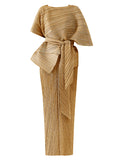 Momentlover Urban Loose Solid Color Tied Pleated Top&V-Back Vest Dress Two Pieces Set