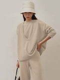 Momentlover Urban Loose Solid Round-Neck Vest Top& V-Neck Sweater Tops& Wide Leg Pants Three-Piece Set