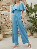 Momentlover Split-Joint Solid Color Ruffle Sleeves High Waisted V-Neck Jumpsuits