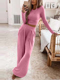 Momentlover Solid Color Plus Size Round-Neck Long Sleeves Shirts Top + Pants Bottom Two Pieces Set