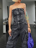 Momentlover Split-Joint Pockets Buttoned Wide Leg Sleeveless Tube Jumpsuits