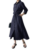 Momentlover Casual A-Line Long Sleeves Bandage Solid Color Lapel Collar Shirt Midi Dresses