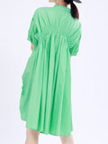 Momentlover Solid Color Pleated Asymmetric Short Sleeves Loose Stand Collar Shirt Dress Mini Dresses