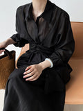 Momentlover Solid Color Long Sleeves Tied Waist Blouse + Loose Elasticity Waist Skirt Two Pieces Set