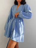 Momentlover Long Sleeves Loose Split-Joint Tied Waist V-Neck Denim Mini Dresses