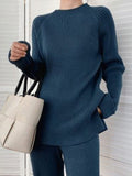 Momentlover Urban Loose Solid Round-Neck Split-Side Sweater& Wide Leg Pants Suits