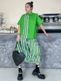 Momentlover Original Striped Irregularity Blouse Tops+Skirt Suits
