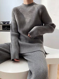 Momentlover Urban Loose Solid Round-Neck Split-Side Sweater& Wide Leg Pants Suits