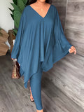 Momentlover Batwing Sleeves Loose Solid Color V-Back V-Neck Shirts Tops&Pants Two Pieces Set