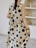 Momentlover Tied Waist Split-Joint Polka-Dot Pleated Contrast Color Sleeveless Loose Round-Neck Midi Dresses