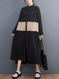 Momentlover Original Creation Long Sleeves Loose Buttoned Contrast Color Stand Collar Midi Dresses
