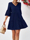 Momentlover Flared Sleeves Half Sleeves Solid Color V-Neck Mini Dresses
