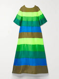 Momentlover Flared Sleeves Half Sleeves Backless Contrast Color Multi-Colored Striped Round-neck Maxi Dresses