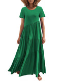 Momentlover Casual Short Sleeves Loose Solid Color Round-Neck Maxi Dresses