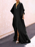 Momentlover Batwing Sleeves Loose Solid Color Split-Side V-Neck Maxi Dresses