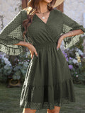 Momentlover Original Half Sleeves Loose Polka-Dot Falbala Solid Color V-Neck Mini Dresses