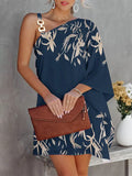 Momentlover Batwing Sleeves Hollow Printed One-Shoulder Mini Dresses