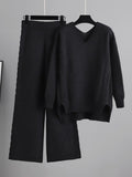 Momentlover Urban Loose Solid Color V-Neck Sweater Tops& Wide Leg  Pants Suits
