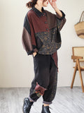 Momentlover Contrast Color Fringed Split-Joint Long Sleeves Printed Outwear + Harem Pants  Two Pieces Set