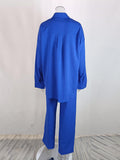 Momentlover Solid Color Long Sleeves Buttoned Pockets Lapel Shirts Top + Elasticity High Waisted Pants Bottom Two Pieces Set