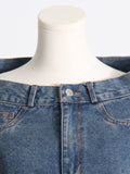 Momentlover Asymmetric Boat Neck Fringed Vest Top+ Belted High Waisted Jeans Bottom Two Pieces Set