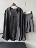 Momentlover Loose Solid Color Long Sleeves Blouse + Pleated Shorts Two Pieces Set