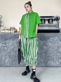 Momentlover Original Striped Irregularity Blouse Tops+Skirt Suits