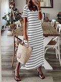 Momentlover Striped Split-Side Printed Short Sleeves Loose V-Neck Midi Dresses