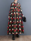 Momentlover Split-Joint Flower Print Buttoned Loose Long Sleeves Round-neck Midi Dresses