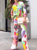 Momentlover Contrast Color Printed Buttoned Long Sleeves Lapel Blouses Top+ High Waisted Pants Bottom Two Pieces Set