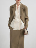 Momentlover Solid Color Loose Buttoned Long Sleeves Lapel Blouses&shirts Tops + Skirts Bottom + Notched Collar Blazer Outerwear Three Pieces Set