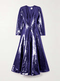 Momentlover Solid Color Sequined Long Sleeves A-line V-neck Maxi Dresses