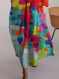 Momentlover Loose Colorful Contrast Color Printed Round-Neck Midi Dresses