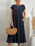 Momentlover Solid Color Pleated Short Sleeves Loose Round-Neck Midi Dresses