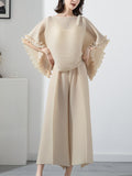 Momentlover Casual Loose Pleated Solid Color Round-Neck T-Shirt Top&Wide Legs Pants Two Pieces Set